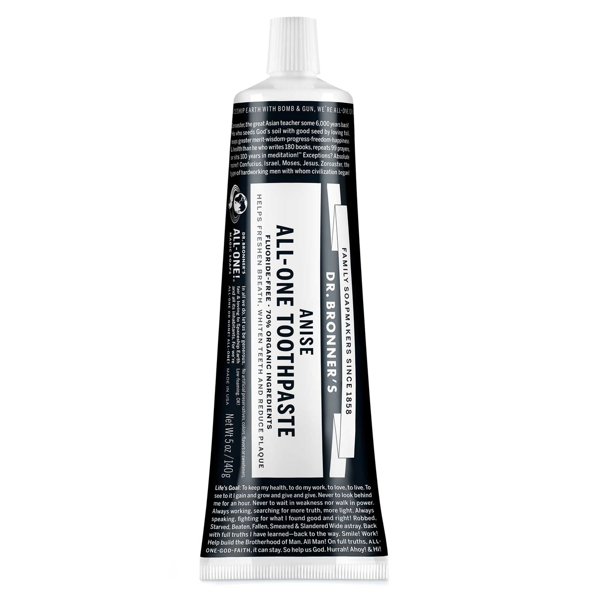 A black and white tube labeled All One Toothpaste stands upright against a white background. The label highlights its natural, fluoride free formula, indicating eco friendly, vegan, and organic qualities [5 oz]