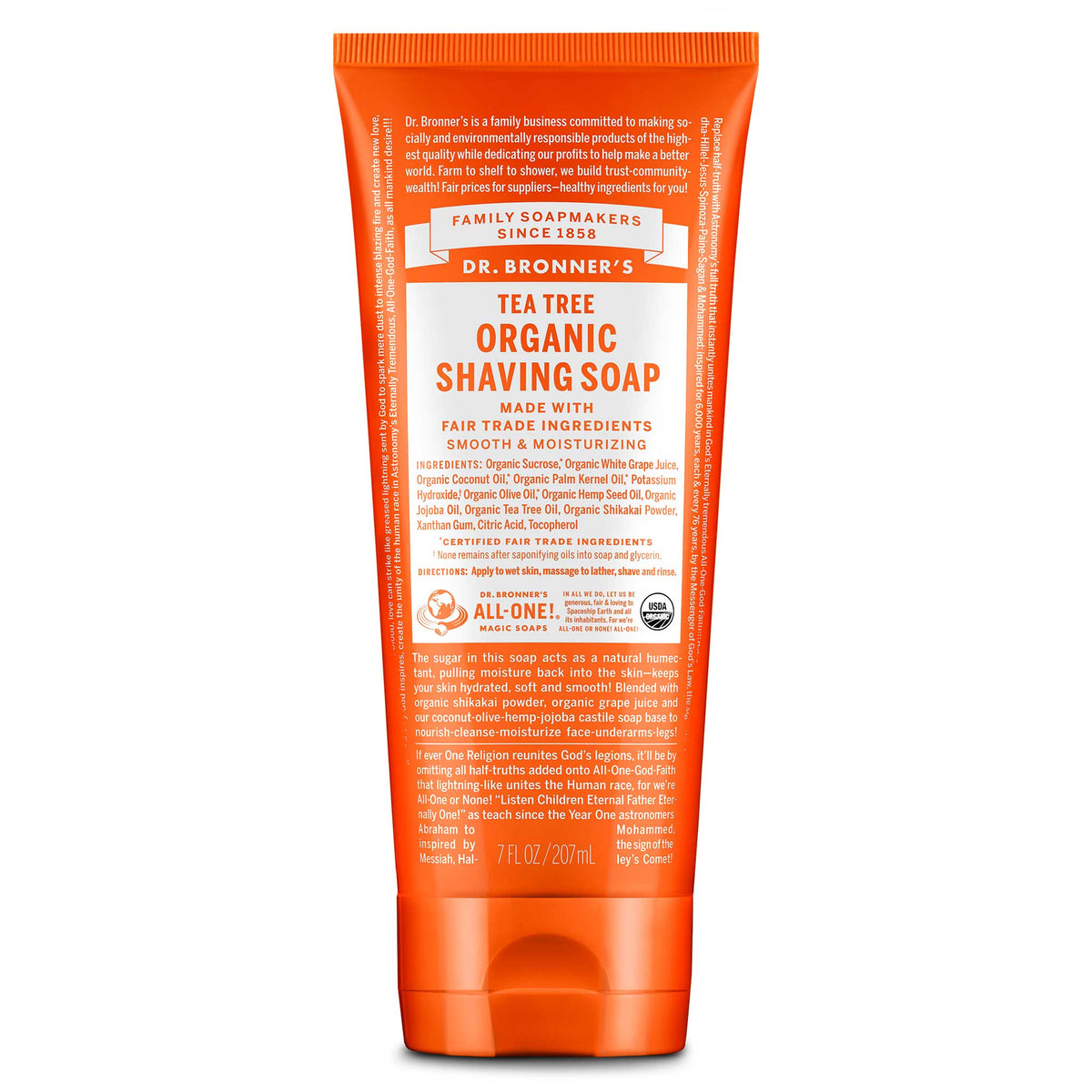 An orange tube labeled Dr. Bronners Organic Shaving Soap with detailed text about ingredients and usage. Features eco certification symbols, promoting natural, vegan, and cruelty free soap ideal for sensitive skin [7 oz]