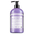 A 12 oz bottle of Dr. Bronners 4 in 1 Lavender Organic Sugar Soap with a pump dispenser. The label reads For face, body, hands hair. Made with fair trade ingredients. Certified Fair Trade Ingredients. The packaging highlights sustainable, organic attributes [12 oz]