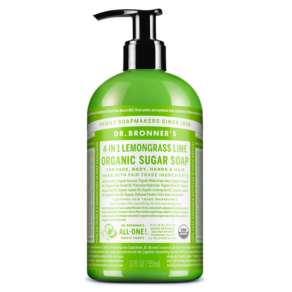 Dr. Bronners 4 in 1 Lemongrass Lime Organic Sugar Soap bottle features a green pump design, emphasizing its multi use capability for face, body, hands, and hair. The label highlights fair trade ingredients and organic certification [12 oz]