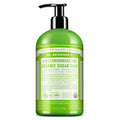 Dr. Bronners 4 in 1 Lemongrass Lime Organic Sugar Soap bottle features a green pump design, emphasizing its multi use capability for face, body, hands, and hair. The label highlights fair trade ingredients and organic certification [12 oz]