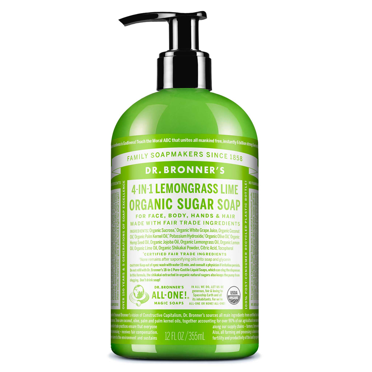 Dr. Bronners 4 in 1 Lemongrass Lime Organic Sugar Soap bottle features a green pump design, emphasizing its multi use capability for face, body, hands, and hair. The label highlights fair trade ingredients and organic certification [12 oz]