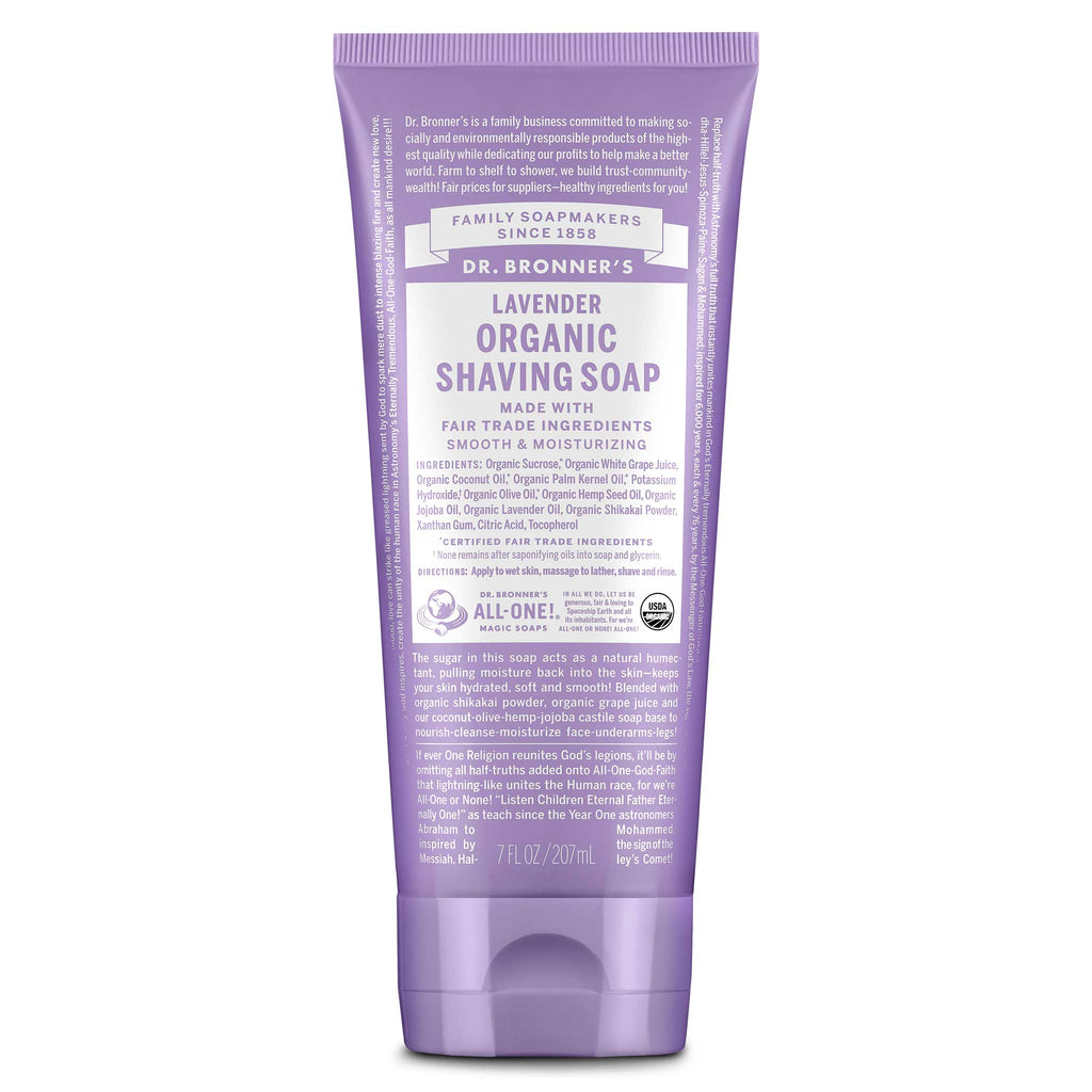 Dr. Bronner’s Lavender Organic Shaving Soap in a tube, featuring a smooth, moisturizing formula made with fair trade organic ingredients like grape juice, coconut oil, olive oil, and hemp seed oil.
