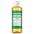 A small bottle labeled Dr. Bronners 18 in 1 Pure Castile Magic Soap Almond contains liquid castile soap in a clear container with a white flip top cap, featuring green, detailed text [3.4 oz]