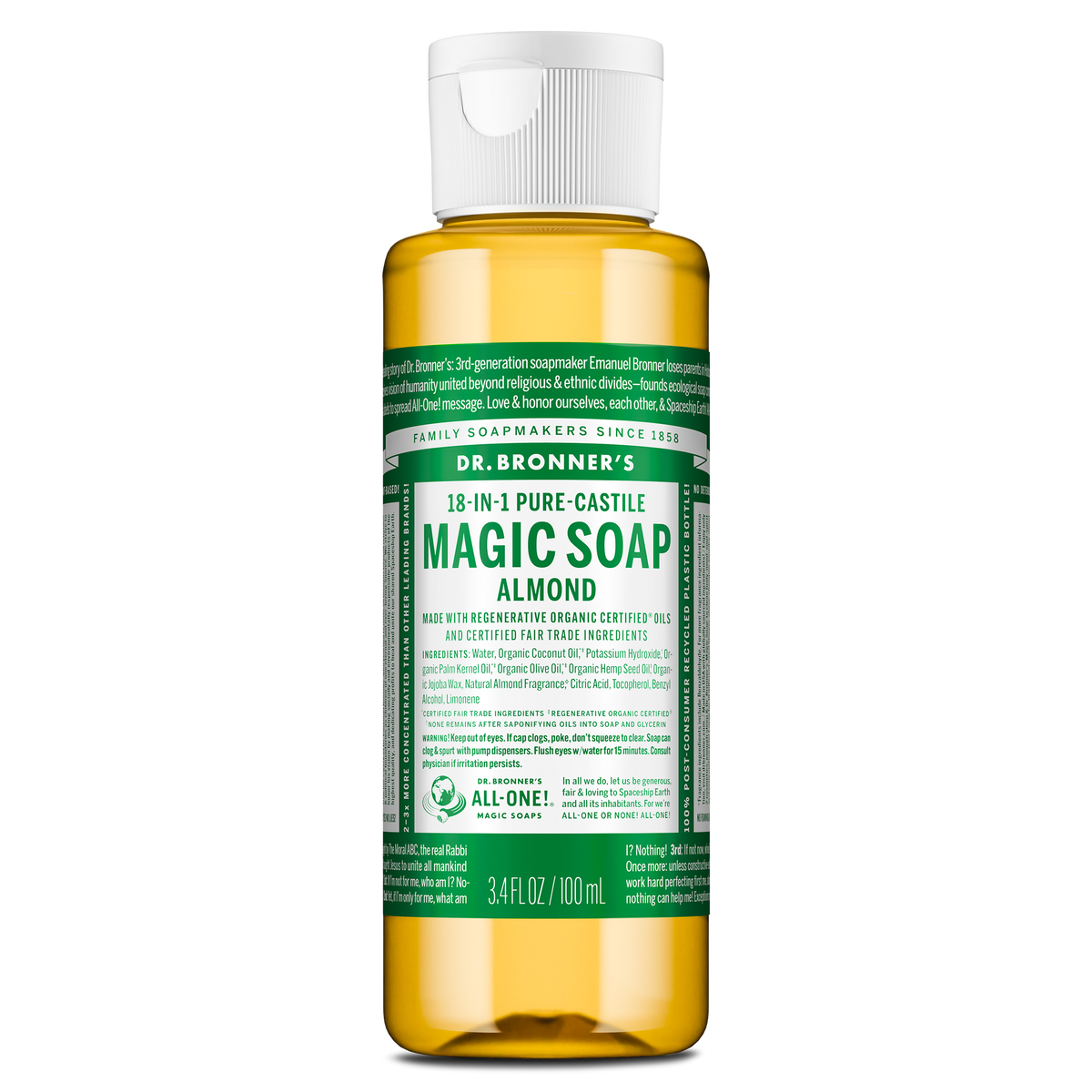 A small bottle labeled Dr. Bronners 18 in 1 Pure Castile Magic Soap Almond contains liquid castile soap in a clear container with a white flip top cap, featuring green, detailed text [3.4 oz]