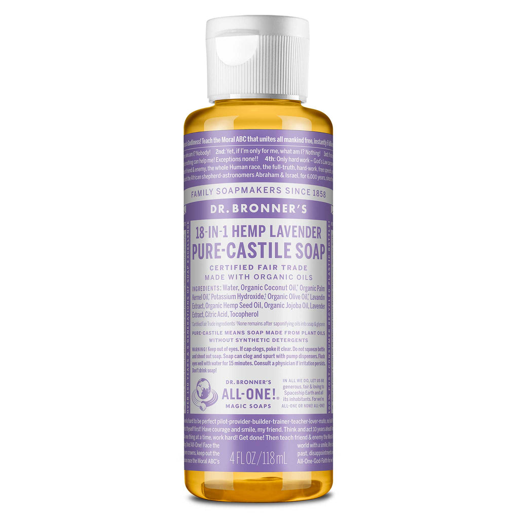 A 4 fl oz bottle of Dr. Bronners 18 in 1 Hemp Lavender Pure Castile Soap features a lavender label. Certified fair trade and made with organic oils, its versatile for cleaning and personal care [4 oz]
