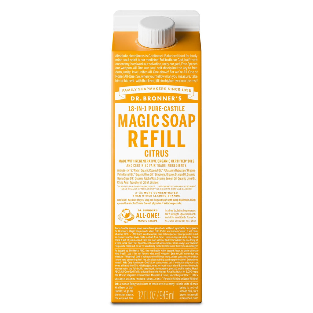 Carton of Dr. Bronners 18 in 1 Pure Castile Magic Soap Refill, labeled Citrus. Contains organic oils and fair trade ingredients. Text emphasizes versatility and eco friendliness. Volume 32 FL OZ 946 mL [32 oz]