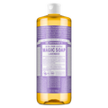 A 32 fl oz bottle of Dr. Bronners 18 in 1 Pure Castile Magic Soap Lavender, featuring a lavender label detailing its organic, fair trade ingredients and versatile use. Ideal for eco friendly cleaning and skincare [32 oz]