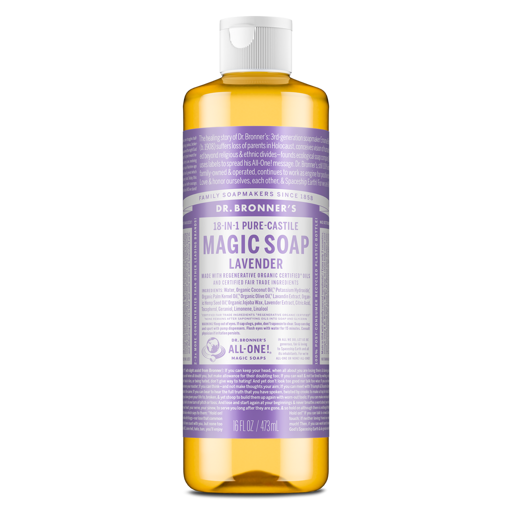 A bottle of Dr. Bronners Lavender Pure Castile Liquid Soap stands upright, featuring a purple label with extensive white text detailing its eco friendly, vegan, and organic attributes, surrounded by a white cap [16 oz]