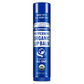 A blue cylindrical tube labeled Dr. Bronners Peppermint Organic Lip Balm featuring white text and certifications like USDA Organic. Ideal for those seeking organic, eco friendly lip care [.15 oz]