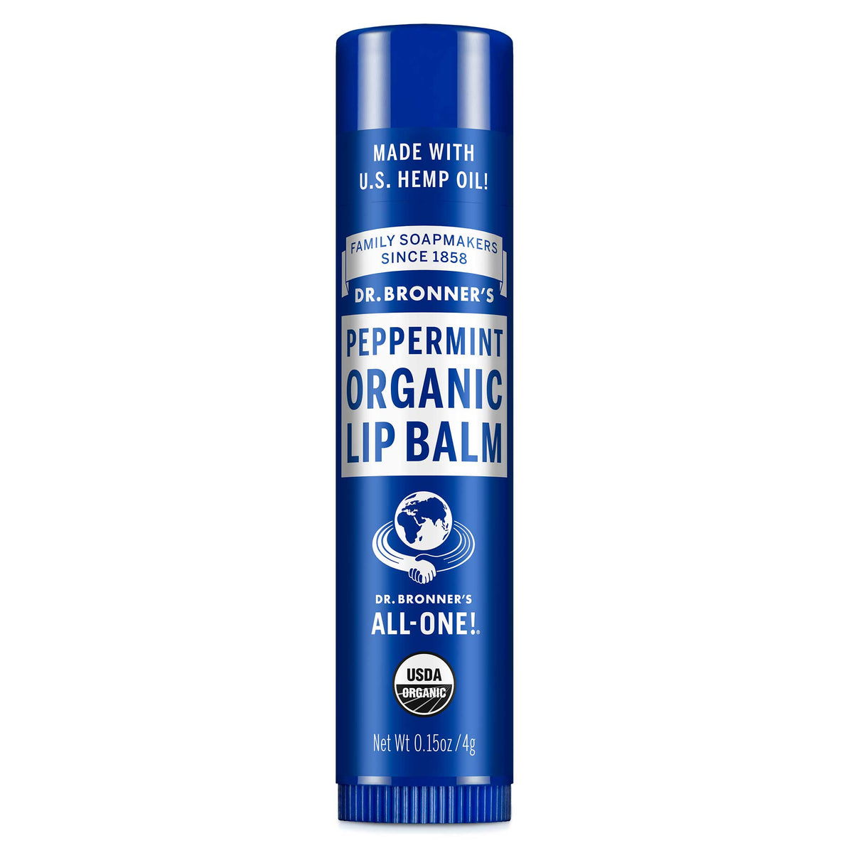 A blue cylindrical tube labeled Dr. Bronners Peppermint Organic Lip Balm featuring white text and certifications like USDA Organic. Ideal for those seeking organic, eco friendly lip care [.15 oz]