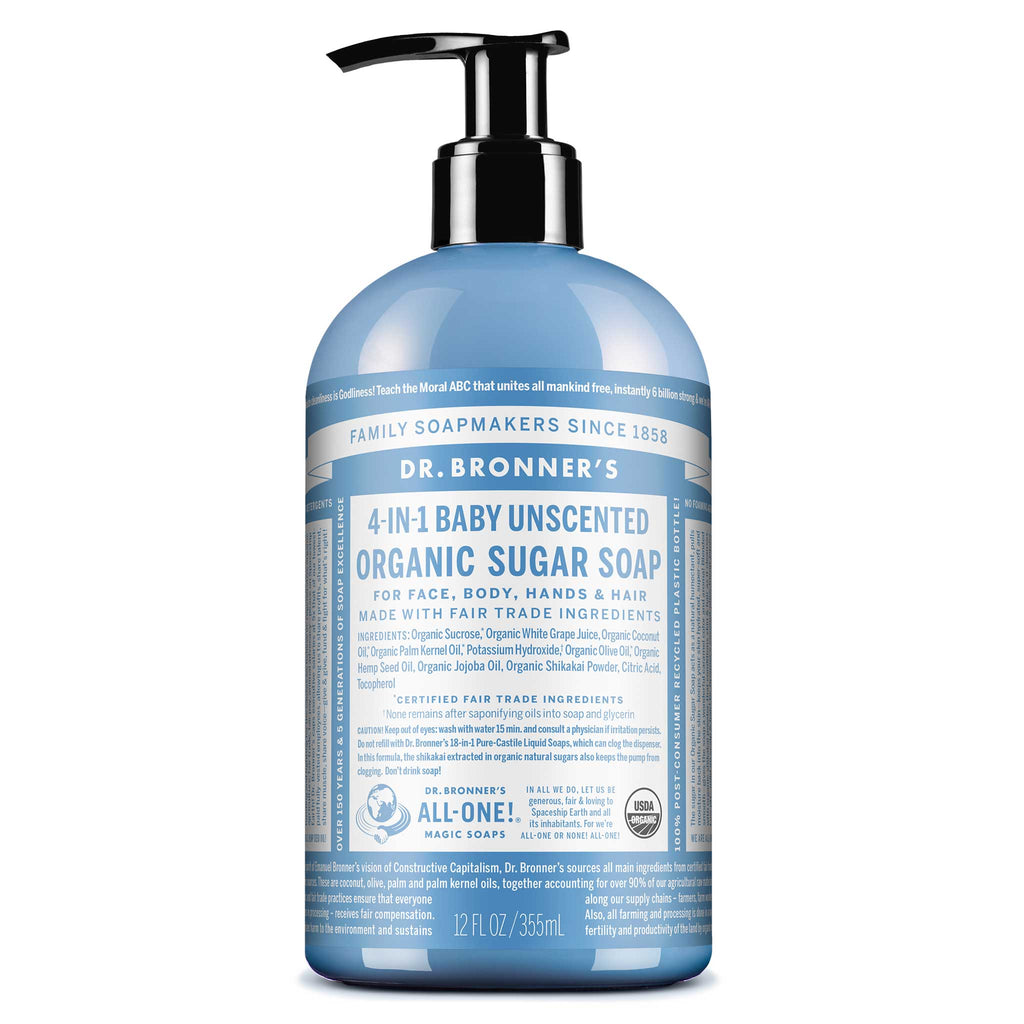 A blue bottle of Dr. Bronners Baby Unscented Organic Sugar Soap with a pump dispenser. The label details ingredients and certifications, set against a plain white background, emphasizing eco friendly packaging [12 oz]