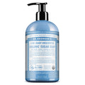 A blue bottle of Dr. Bronners Baby Unscented Organic Sugar Soap with a pump dispenser. The label details ingredients and certifications, set against a plain white background, emphasizing eco friendly packaging [12 oz]
