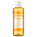 Bottle of Dr. Bronners 18 in 1 Pure Castile Magic Soap in citrus scent sits upright. The label highlights its organic, fair trade, and multi use capabilities. Size 3.4 fl oz 100 ml [3.4 oz]
