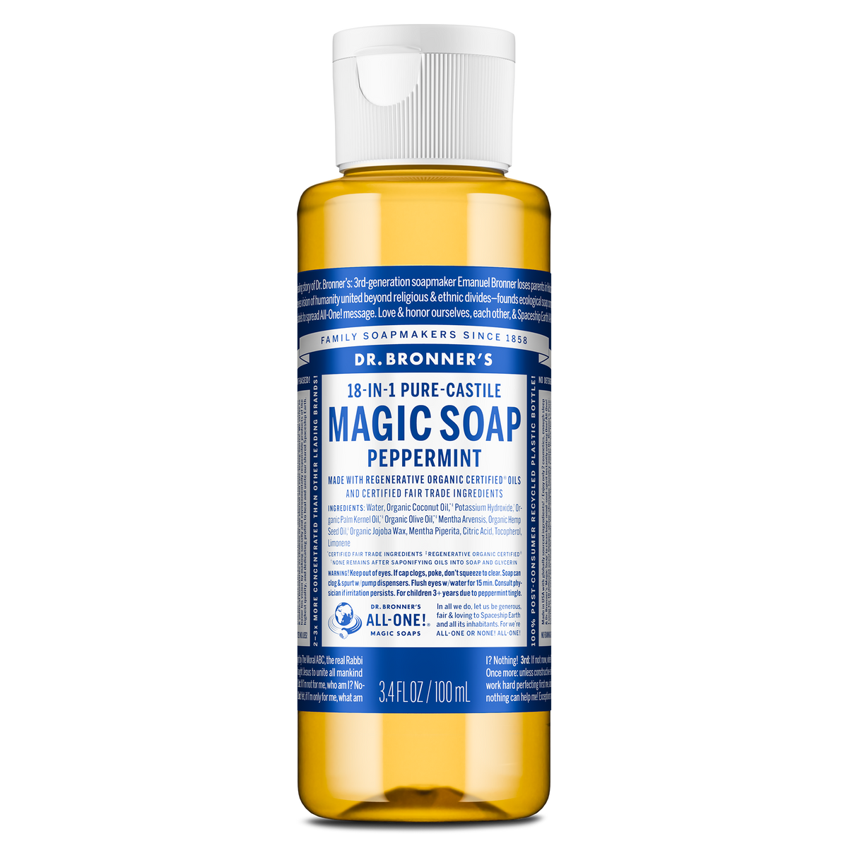 A 3.4 fl oz bottle of Dr. Bronners 18 in 1 Pure Castile Magic Soap Peppermint features a blue label with white text detailing its regenerative organic certified oils and fair trade ingredients [3.4 oz]