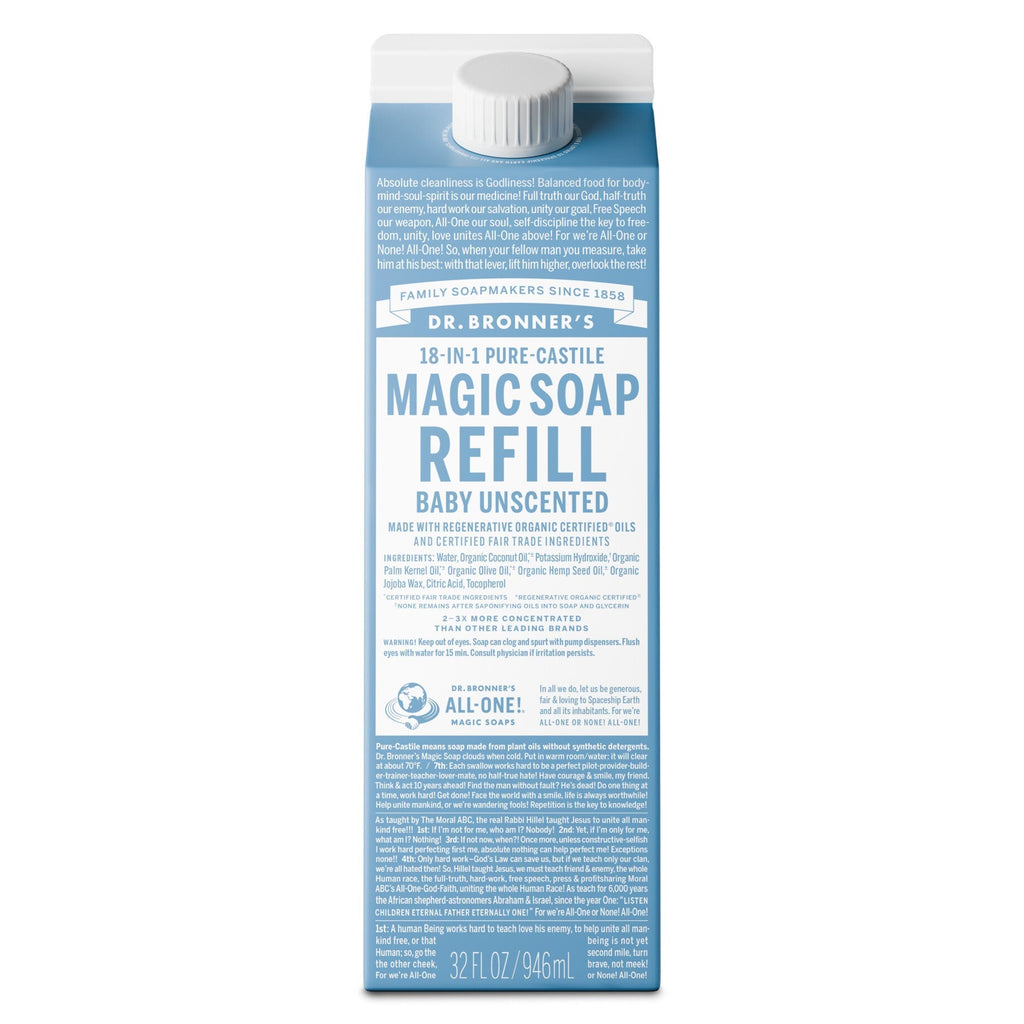 Dr. Bronner’s Baby Unscented 18-in-1 Pure Castile Soap Refill carton featuring organic and fair trade ingredients for gentle, eco-friendly multipurpose cleaning. [32 oz]
