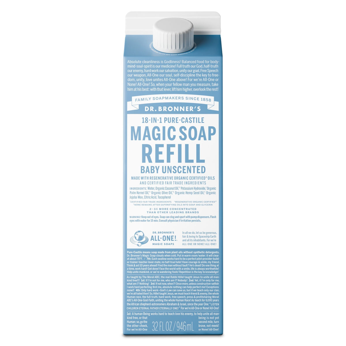 Dr. Bronner’s Baby Unscented 18-in-1 Pure Castile Soap Refill carton featuring organic and fair trade ingredients for gentle, eco-friendly multipurpose cleaning. [32 oz]