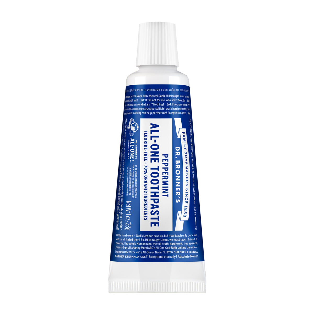 A blue and white tube labeled Dr. Bronners All One Toothpaste stands upright. The design includes text detailing ingredients and benefits, reflecting an eco friendly, vegan, and fluoride free formulation in personal care packaging [1 oz]