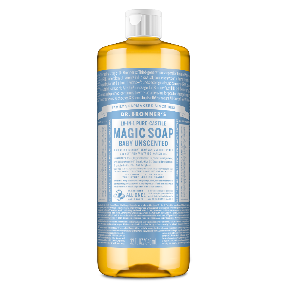 A bottle of Dr. Bronners 18 in 1 Pure Castile Magic Soap, Baby Unscented, containing 32 fl oz , stands upright against a white background, featuring cascading text and detailed product information [32 oz]
