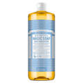 A bottle of Dr. Bronners 18 in 1 Pure Castile Magic Soap, Baby Unscented, containing 32 fl oz , stands upright against a white background, featuring cascading text and detailed product information [32 oz]