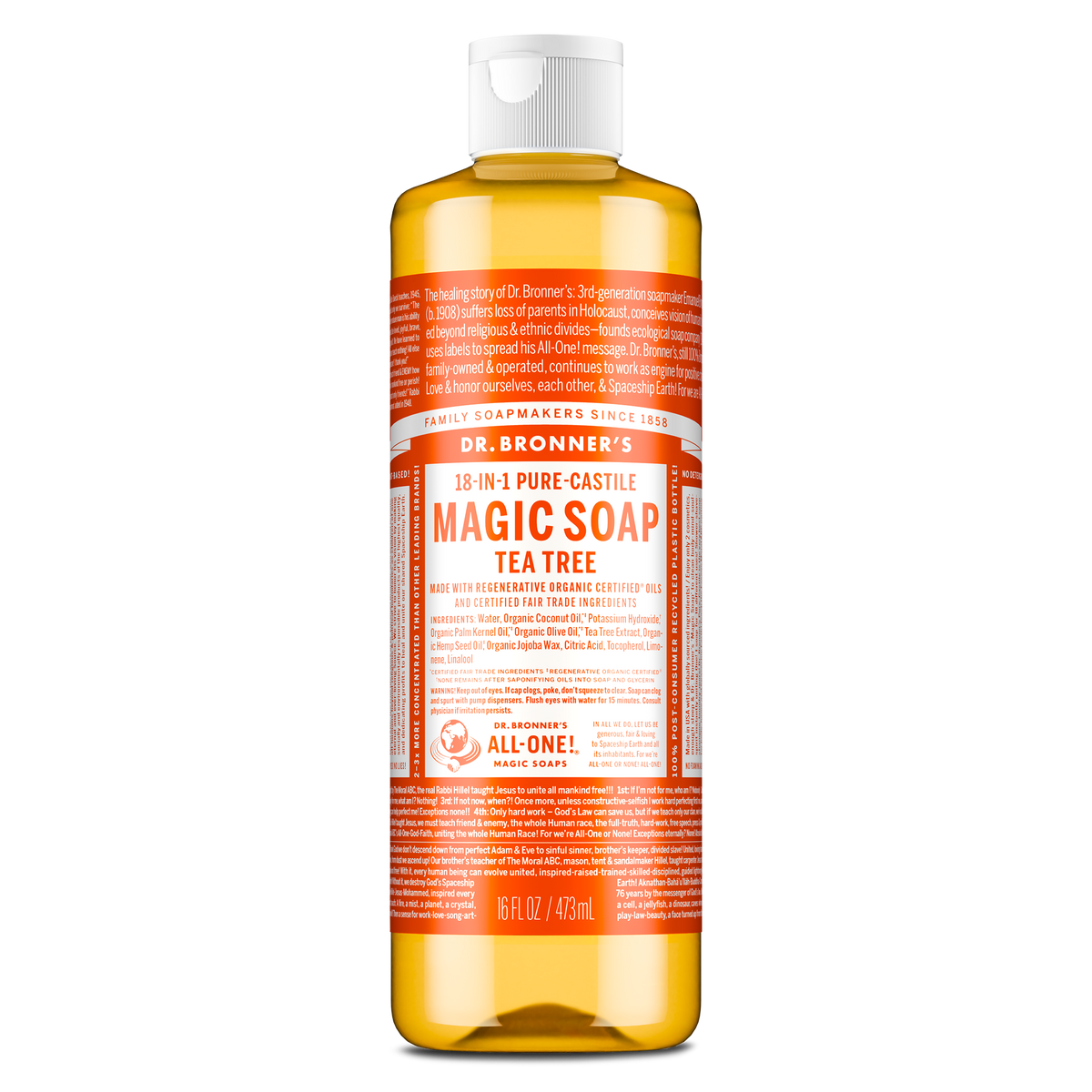 A bottle of Dr. Bronners 18 in 1 Pure Castile Magic Soap, Tea Tree variant, filled with amber liquid sits upright. The label emphasizes its organic certification and multi purpose use in personal care and cleaning [16 oz]