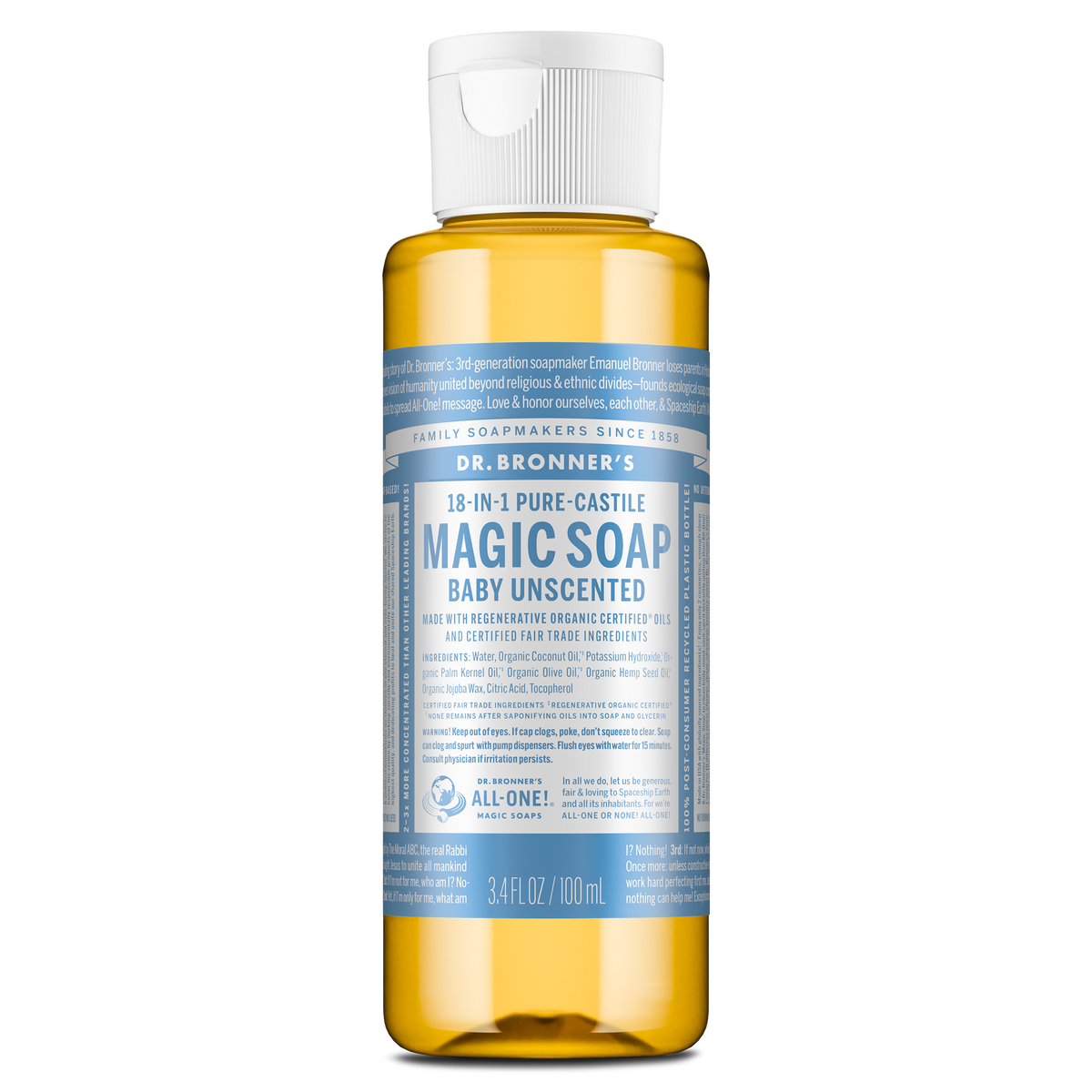 A bottle of Dr. Bronners 18 in 1 Pure Castile Magic Soap, Baby Unscented, with regenerative organic certification. Text includes usage instructions and a 3.4 fl. oz. capacity indication [3.4 oz]