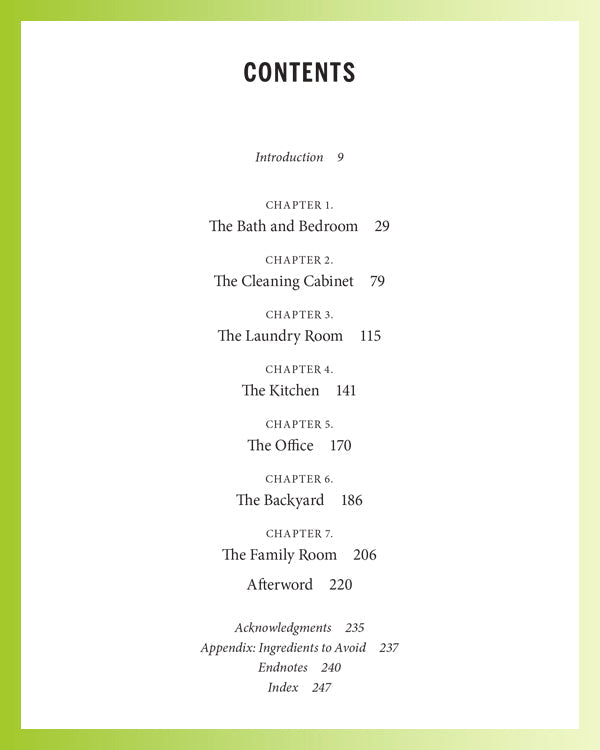A books table of contents lists chapters including The Bath and Bedroom, The Cleaning Cabinet, and The Laundry Room with their respective page numbers. Simple design on a gradient background