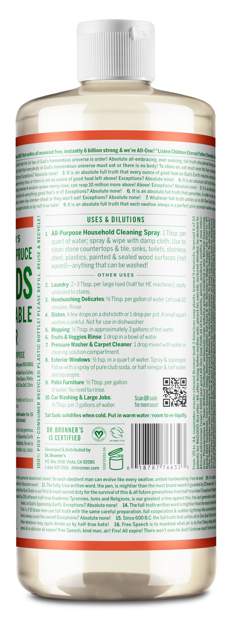 Dr. Bronner’s Tea Tree Pure Castile Liquid Soap in a clear bottle with white cap, featuring dilution instructions and eco-friendly ingredients for sustainable multipurpose cleaning.