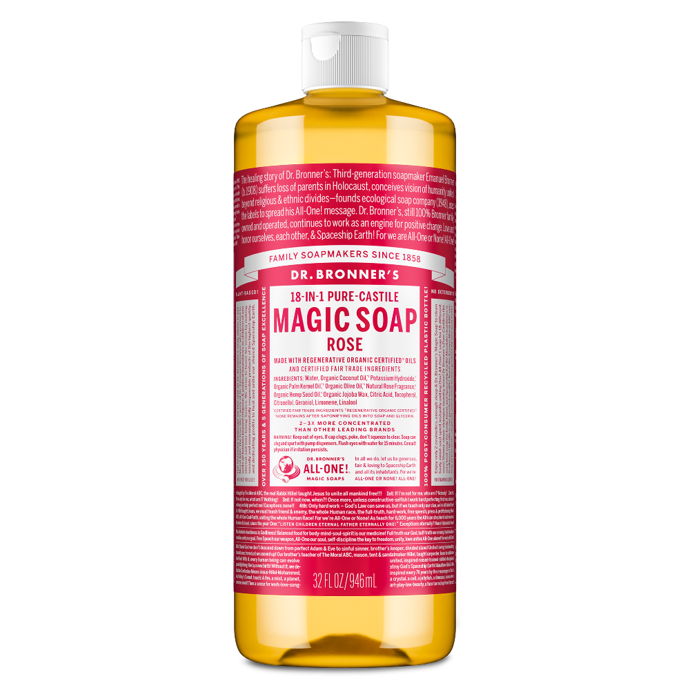 A bottle of Dr. Bronners Rose Pure Castile Liquid Soap features a red label with text detailing the 18 in 1 uses, organic ingredients, and benefits of eco friendly, biodegradable cleaning [32 oz]