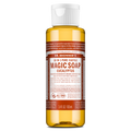 Dr. Bronners eucalyptus 18 in 1 pure castile soap in a 3.4 fl oz bottle features a white cap and a text filled brown label detailing its organic certification and multi use capabilities [3.4 oz]