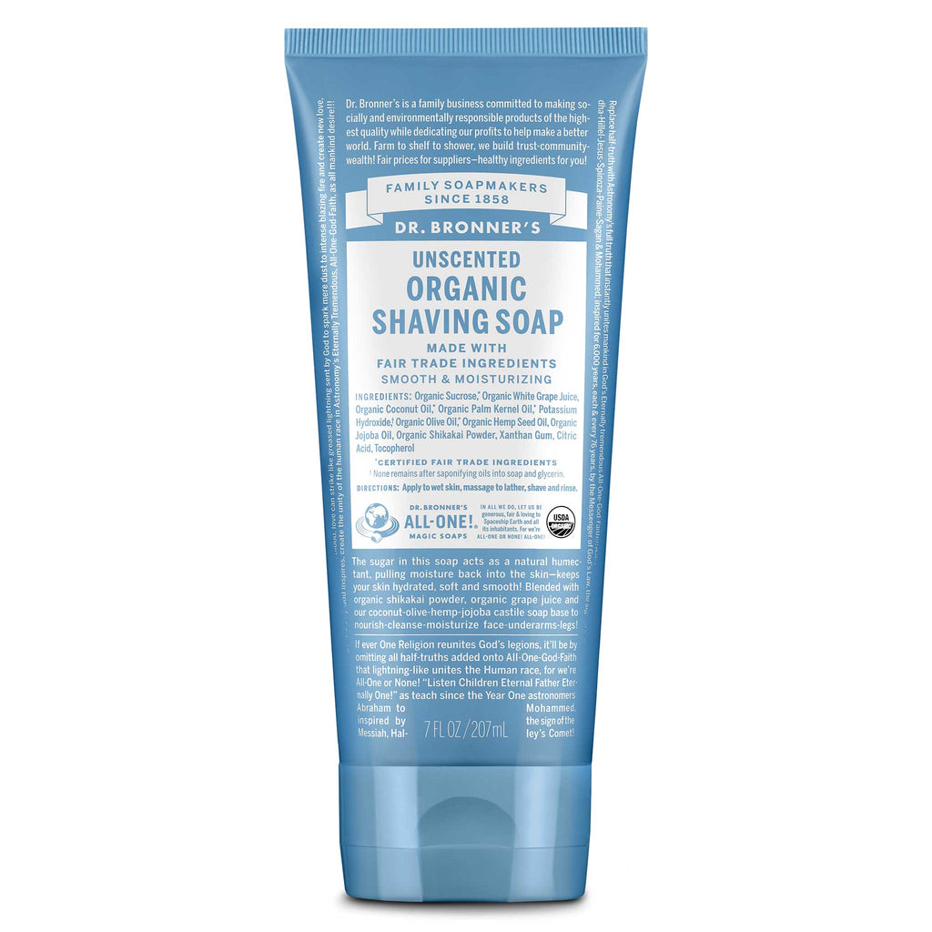 Dr. Bronner’s Unscented Organic Shaving Soap tube in blue and white, featuring organic and fair trade ingredients for a smooth, moisturizing, eco-friendly shave.