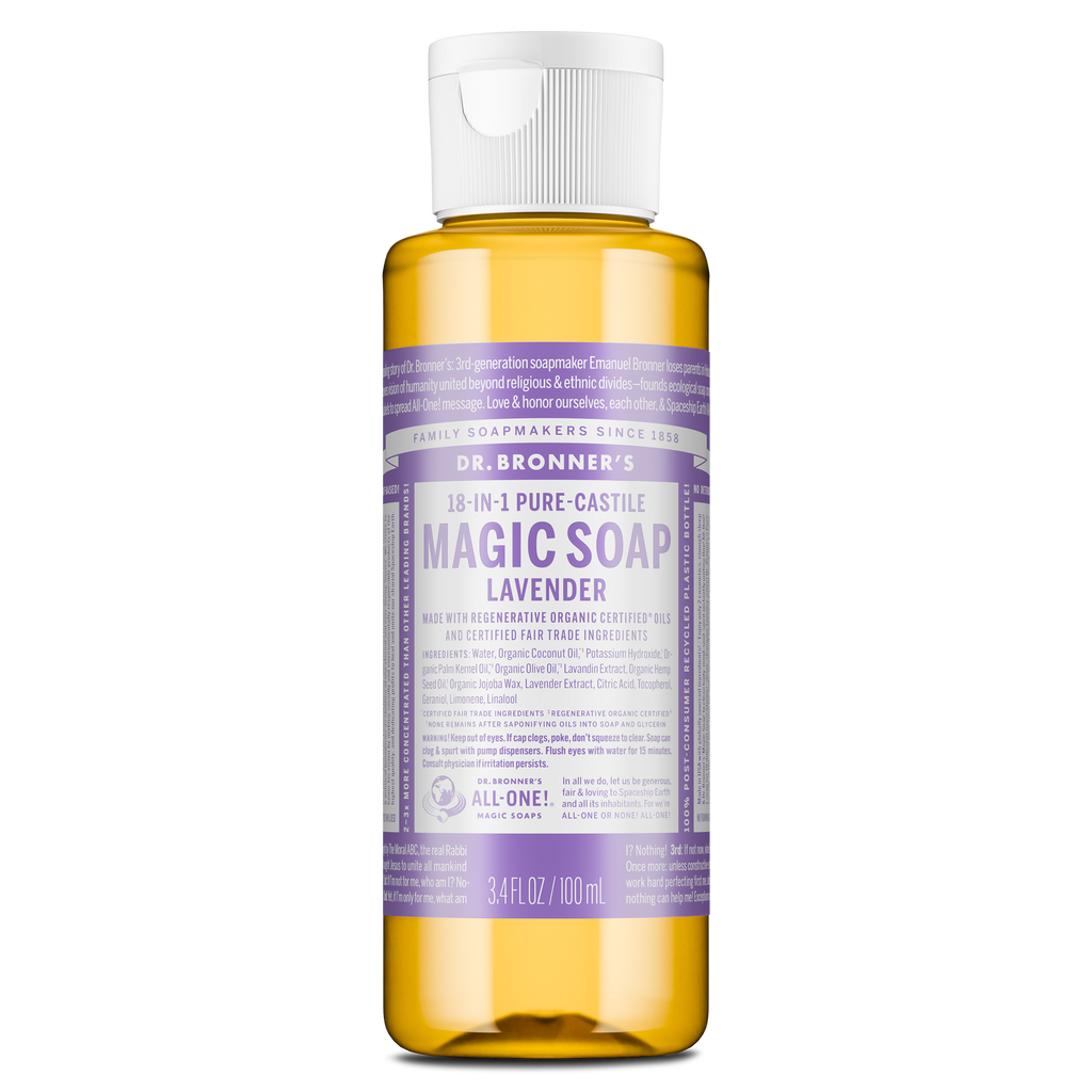A bottle of Dr. Bronners Lavender Pure Castile Liquid Soap stands upright, featuring a lavender label with white text detailing ingredients and usage. Suitable for eco friendly, multi purpose cleaning needs [3.4 oz]