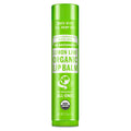 A green tube labeled Dr. Bronners Organic Lip Balm Peppermint stands upright, featuring certifications and text about organic and fair trade ingredients, set against a plain white background [.15 oz]