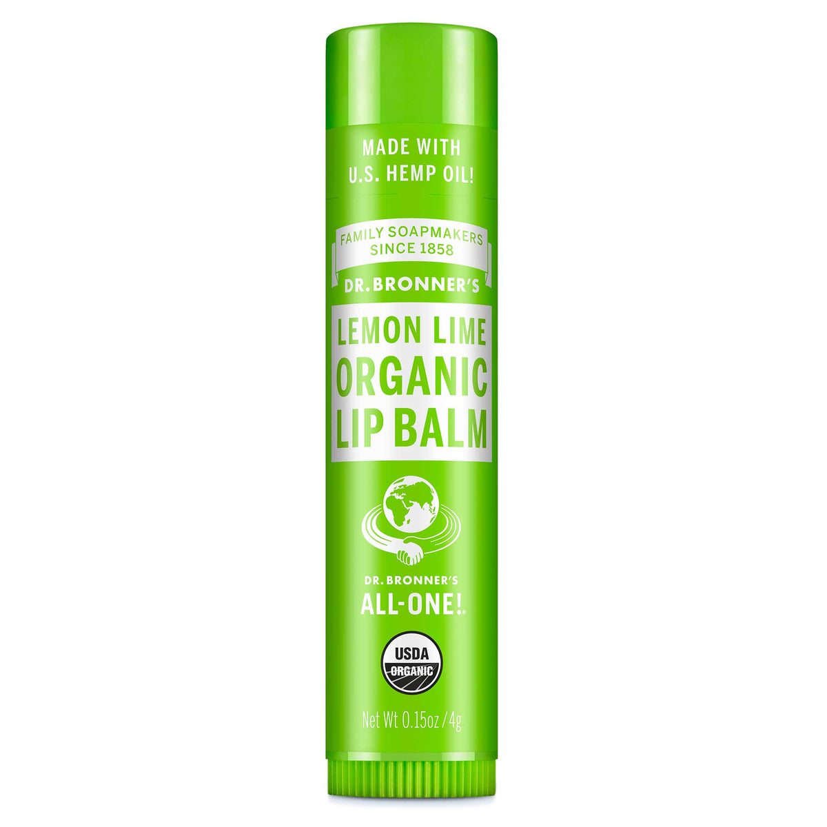 A green tube labeled Dr. Bronners Organic Lip Balm Peppermint stands upright, featuring certifications and text about organic and fair trade ingredients, set against a plain white background [.15 oz]