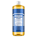Bottle upright, displaying Dr. Bronners Pure Castile Liquid Soap label with text detailing multi use, organic ingredients, and eco friendly focus in blue. Popular for Dr. Bronners sustainability ethos and vegan formulation [32 oz]