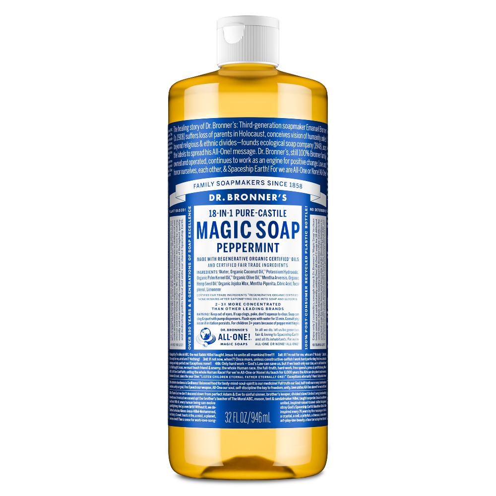 Bottle upright, displaying Dr. Bronners Pure Castile Liquid Soap label with text detailing multi use, organic ingredients, and eco friendly focus in blue. Popular for Dr. Bronners sustainability ethos and vegan formulation [32 oz]