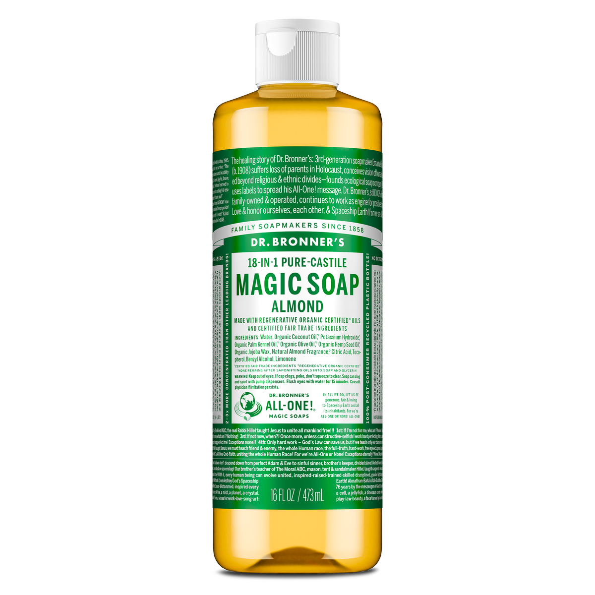 A bottle of Dr. Bronners 18 in 1 Hemp Eucalyptus Pure Castile Soap sits upright. The label details its organic and fair trade certifications, emphasizing its multipurpose, eco friendly use in personal care and cleaning [16 oz]