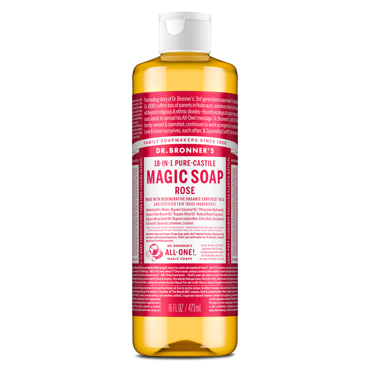 Dr. Bronners 18 in 1 Pure Castile Magic Soap Rose bottle features a red label with white text. It includes organic ingredients like coconut and olive oils, emphasizing its eco friendly and versatile uses. 473ml [16 oz]