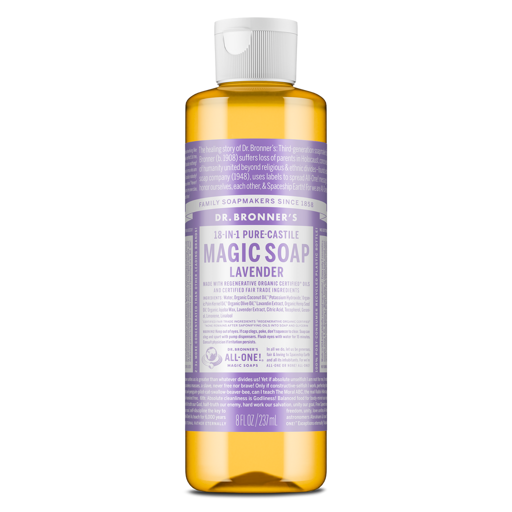 A bottle of Dr. Bronners 18 in 1 Pure Castile Magic Soap Lavender is seen standing upright. Its label features extensive text detailing ingredients and uses against a plain background [8 oz]