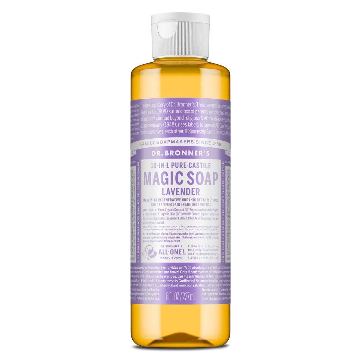 A bottle of Dr. Bronners 18 in 1 Pure Castile Magic Soap Lavender is seen standing upright. Its label features extensive text detailing ingredients and uses against a plain background [8 oz]