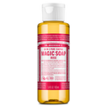 A bottle of Dr. Bronners Magic Soap in rose scent stands upright with a translucent container and pink label displaying text about its organic certification and versatile uses, emphasizing eco friendly benefits [3.4 oz]