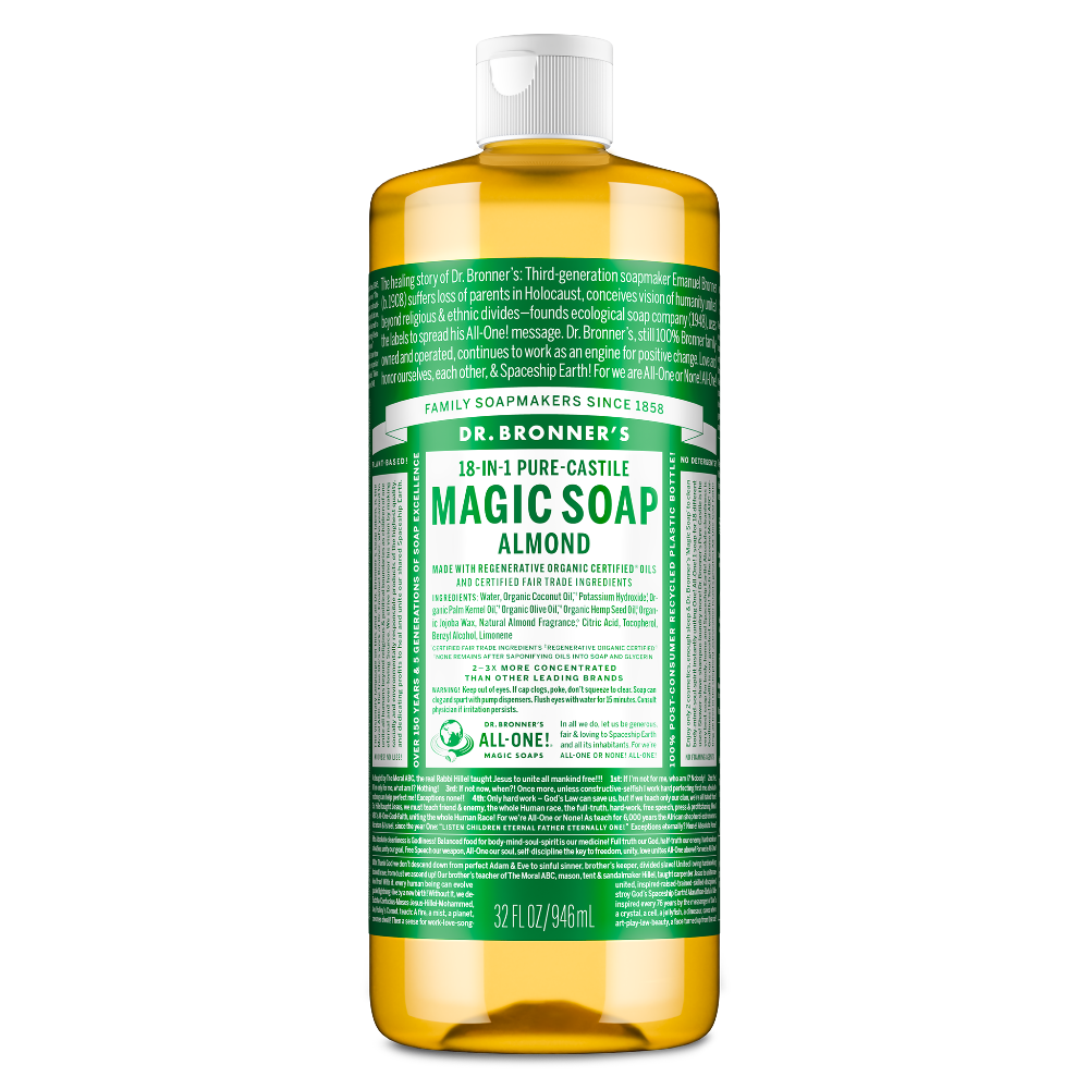 Dr. Bronner’s Almond 18-in-1 Pure Castile Magic Soap bottle featuring organic and fair trade ingredients in a biodegradable, recycled plastic container.[32 oz]