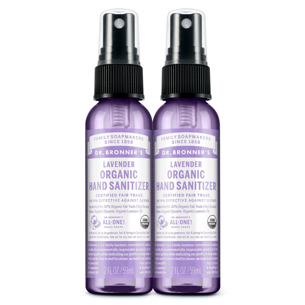 Two bottles of Dr. Bronners Lavender Organic Hand Sanitizer stand upright on a white background. Each bottle reads Family Soapmakers Since 1858. Lavender Organic Hand Sanitizer. Certified Fair Trade Ingredients. 2 FL OZ 59mL
