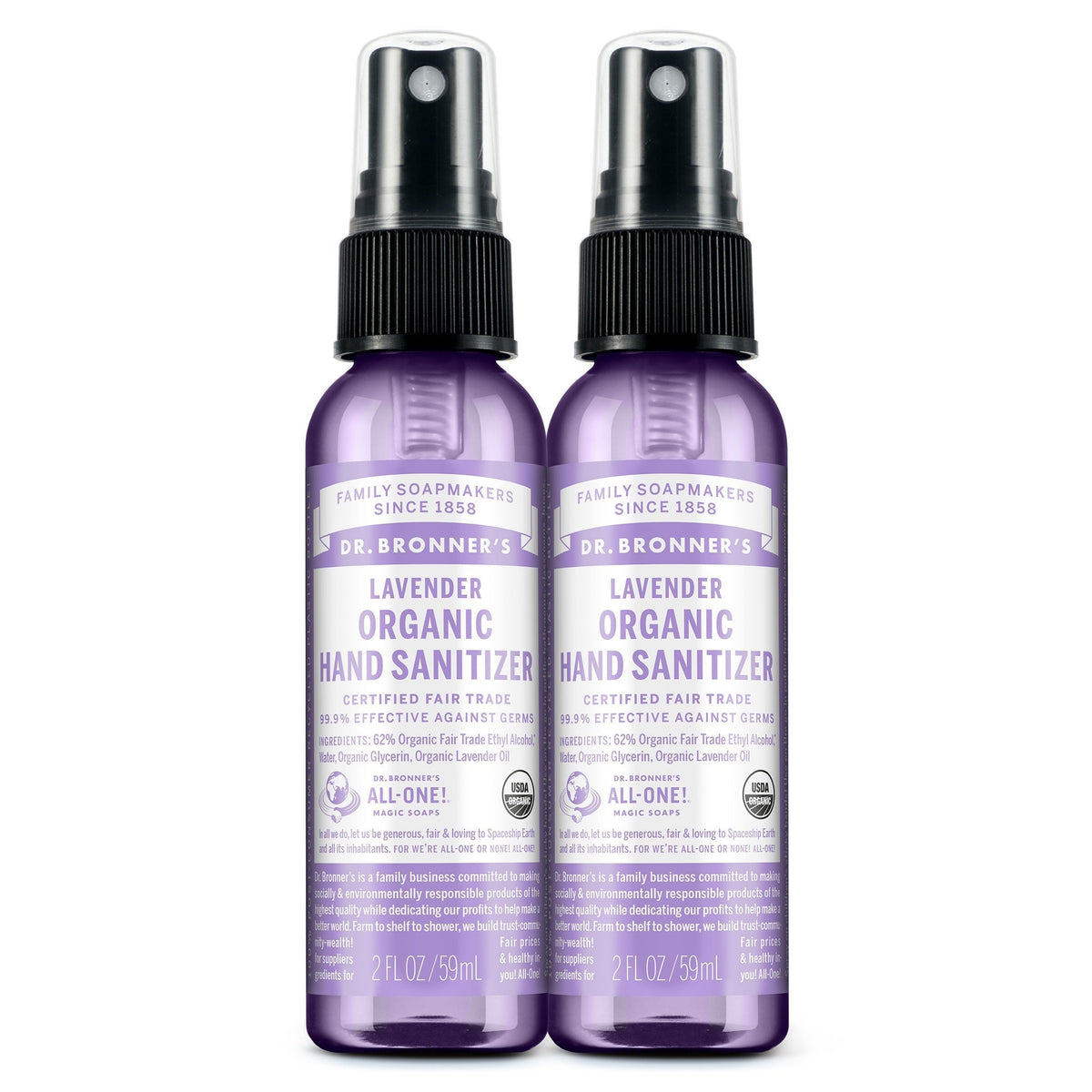 Two bottles of Dr. Bronners Lavender Organic Hand Sanitizer stand upright on a white background. Each bottle reads Family Soapmakers Since 1858. Lavender Organic Hand Sanitizer. Certified Fair Trade Ingredients. 2 FL OZ 59mL
