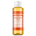 A compact 3.4 fl oz bottle of Dr. Bronners 18 in 1 Pure Castile Magic Soap features a white cap and vibrant orange label, highlighting Tea Tree scent with details about its organic certification [3.4 oz]