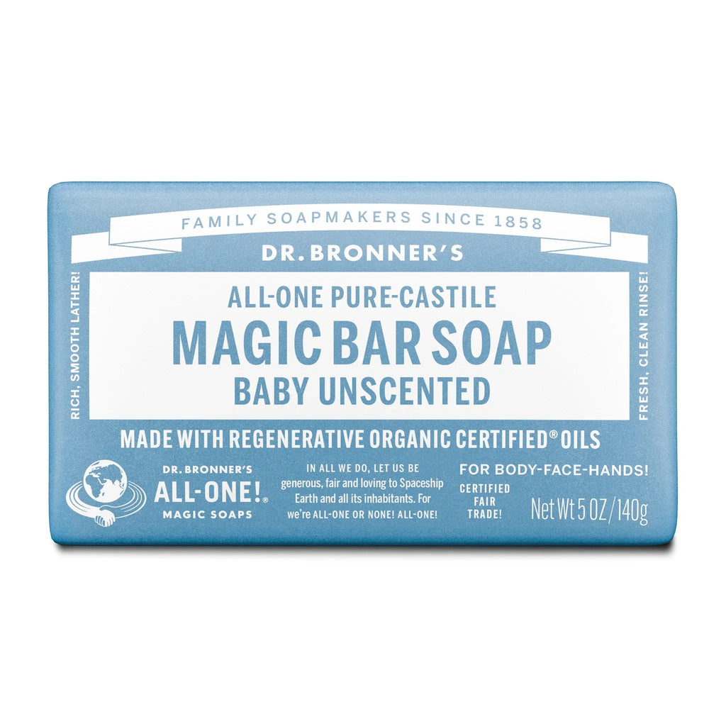 Dr. Bronners All One Pure Castile Magic Bar Soap, Baby Unscented, features a blue wrapper with white text promoting its regenerative organic certified oils, body face hands use, and fair trade certification. Net wt 5 oz140g [5 oz]