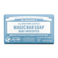 Dr. Bronners All One Pure Castile Magic Bar Soap, Baby Unscented, features a blue wrapper with white text promoting its regenerative organic certified oils, body face hands use, and fair trade certification. Net wt 5 oz140g [5 oz]