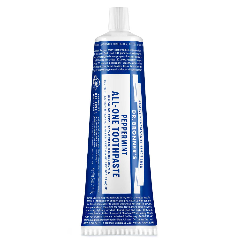 A blue tube labeled Dr. Bronners All One Toothpaste with peppermint flavoring stands upright against a plain white background. The text emphasizes organic and sustainable ingredients and features detailed usage instructions  [5 oz]
